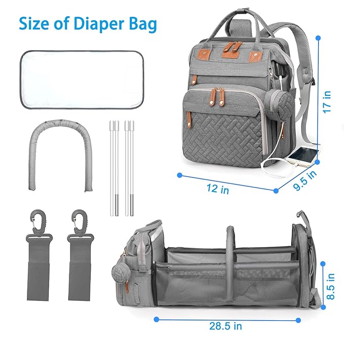 Jeryswet Baby Diaper Bags with Changing Station, Waterproof Large Capacity Diaper Bag Backpack for Moms Dads with USB Charging Port and Stroller Straps, Baby Shower Gifts, Grey