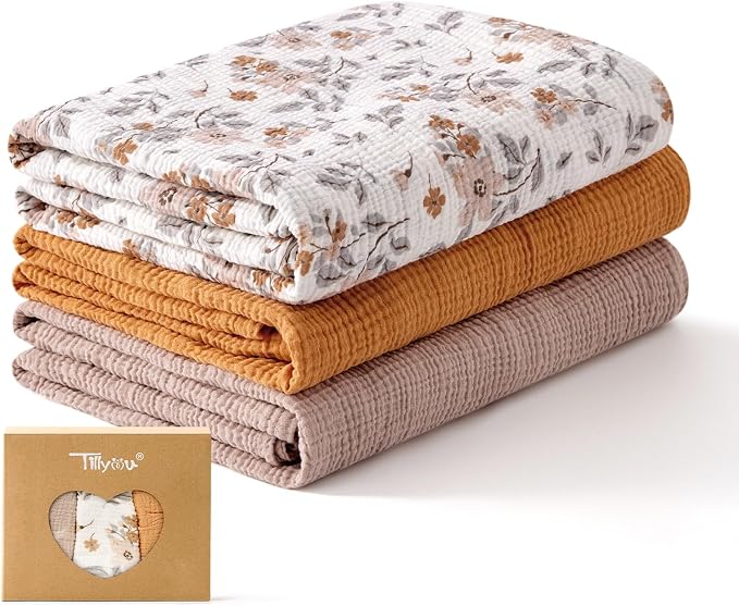 TILLYOU 3 Pack Muslin Swaddles for Newborns Baby Blankets for Girls Boys Cotton Swaddle Blankets 40"X40", Yellow Flower