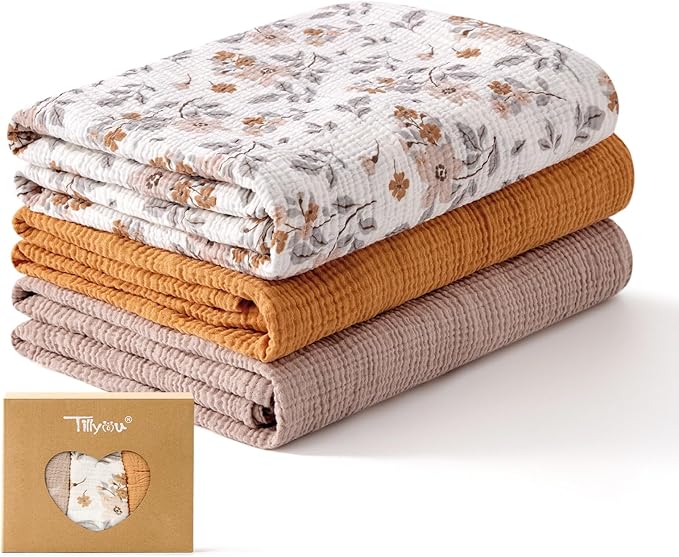 TILLYOU 3 Pack Muslin Swaddles for Newborns Baby Blankets for Girls Boys Cotton Swaddle Blankets 47"X47", Yellow Flower