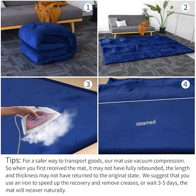 Huloo Sleep Ultra Soft Baby Play Mat for Floor,1.3" Thick Elasti-Foam 47x47 Play Mat for Playpen,Water-Repellent Coral Velvet for Tummy Time, Non-Slip Backing Safe for Toddlers & Infants（Dark Blue）