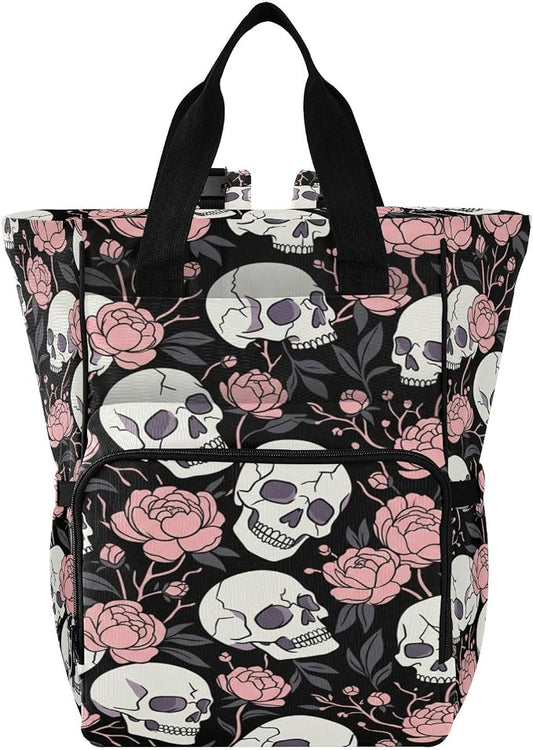 Cartoon Skull Peony Diaper Bag – Stroller Straps, Large Capacity for Mom Dad