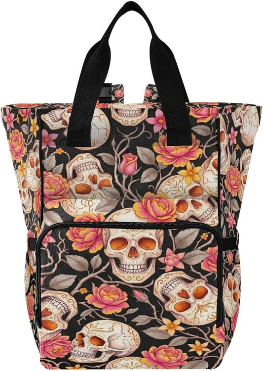 Orange Skull Rose Diaper Bag – Large Capacity Insulated for Mom Dad