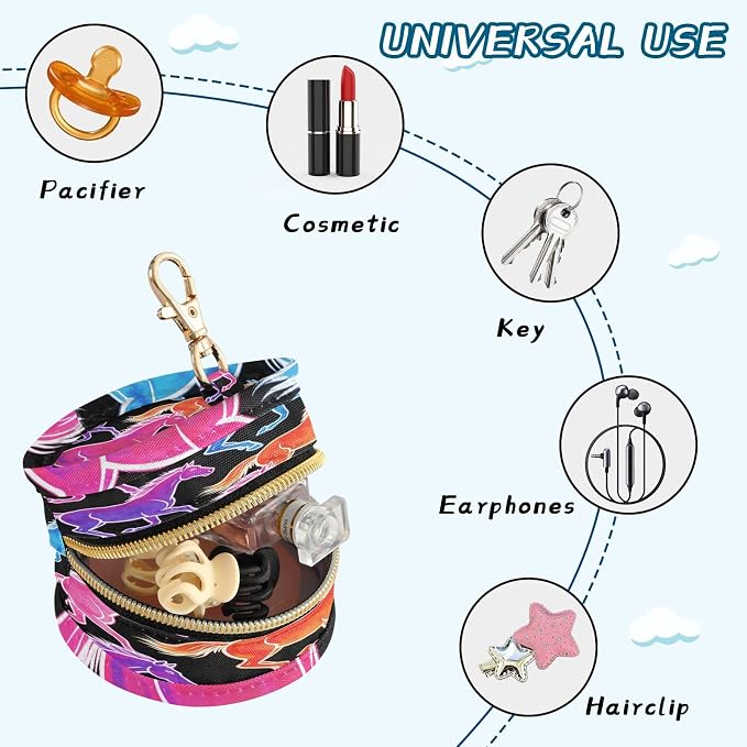 Pacifier Holder with Clip Pacifier Case for Diaper Bag Round Baby Pacifier Pouch Box Bag Portable Neon-Color Horses