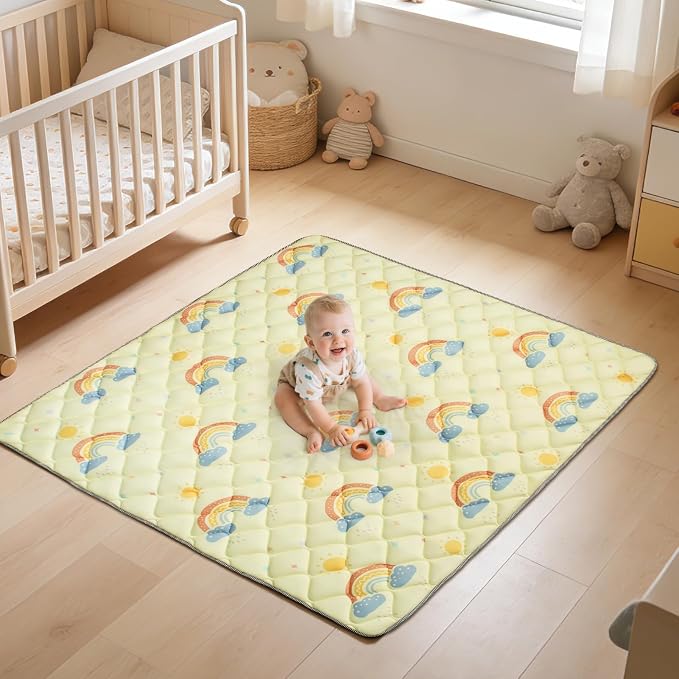 47"x47" Baby Playpen Mat - Thicken & Foldable Memory Foam Cushioned Playmat for Babies Toddlers Infants - Non-Slip & Machine Washable Baby Play Mat for Floor, Rainbow