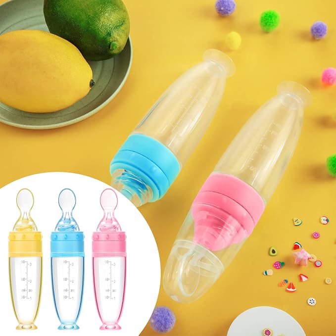 Tondiamo 3 Pcs Baby Food Spoon 3oz Silicone Feeder Dispenser Bottle Feeding Infant Cereal Fruit 6 Months Utensils Set Rice Holder Teething Feed Suction Weaning Newborn Supplies Travel