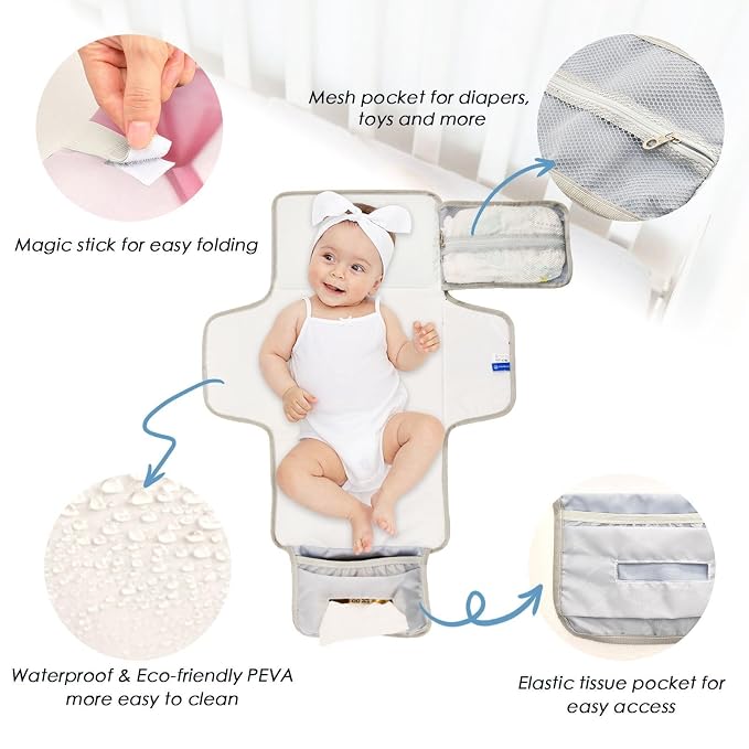 Portable Diaper Changing Pad Foldable Baby Changing Mat with Built-in Pillow Waterproof Changing Pad for Newborn Girls Boys Bow