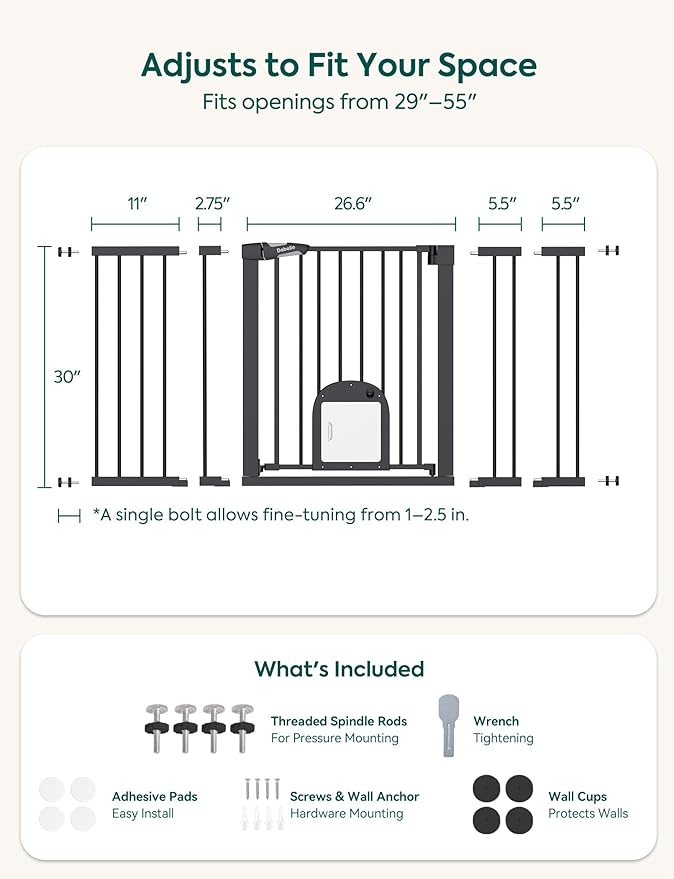 Babelio Baby Gate with Cat Door, CatPrivilege ?? Extra Wide 29-55" Cat Gate, 30" Tall Pressure Mounted Safety Gate for Large Openings, Stairs & Doorways, Auto Close, Black