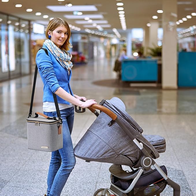 Breastmilk Cooler Bag with Ice Pack Fits 6 Baby Bottles Up to 9 Ounce, Baby Bottle Bag with Shoulder Strap for Nursing Mom Daycare, Grey
