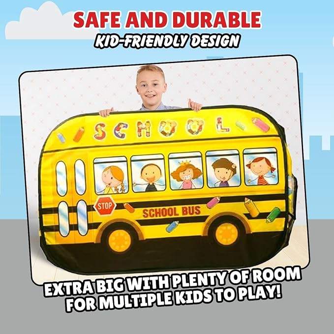 Pop Up Play Tent for Kids - My First Foldable Indoor & Outdoor Playhouse Vehicle Toys for Toddlers, Boys and Girls (School Bus)