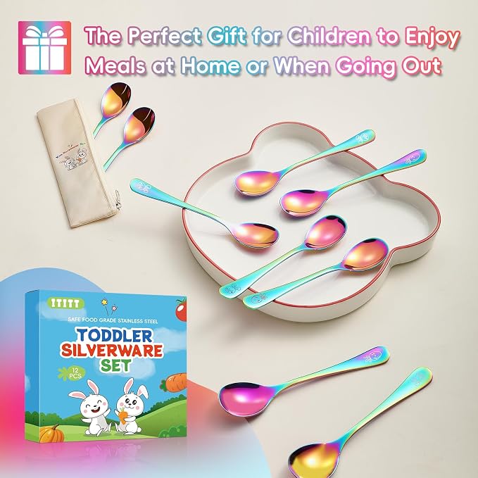 Stainless Steel Rainbow Toddler Spoons Set - 12 Pieces Food Grade Kids Spoons Set Safe Kids Silverware Children Small Spoon Metal Toddler Utensils Mirror Polished Sturdy and Durable Dishwasher Safe