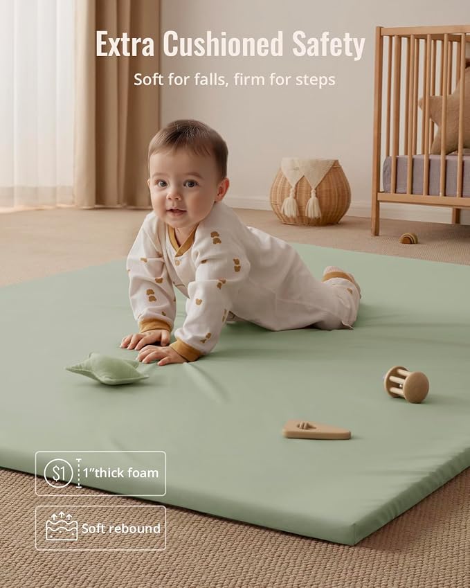 Blissful Diary Vegan Leather Baby Play Mat, 71x59 Thicken Foam Cushioned & Waterproof Playpen Mat for Infants and Toddlers, Stylish and Just Wipe-Clean Playmat for Baby Play on Floor, Light Green