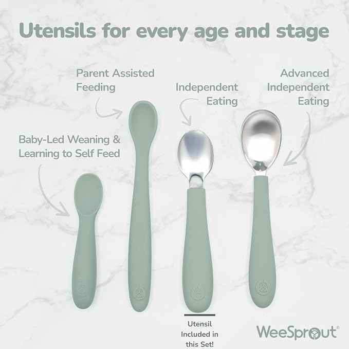 WeeSprout Toddler Utensils, 3 Forks & 3 Spoons, 18/8 Stainless Steel & Food Grade Silicone, Thick Easy-Grip Handles, Perfect Length For New Self Feeders, Gentle On Gums & Teeth, Dishwasher Safe