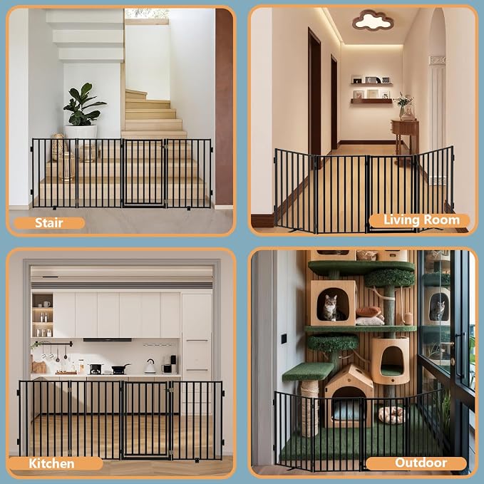 Full Metal Freestanding Dog Gates with Door, 36" Height Dog Fences for Indoor & Outdoor, Extra Wide Foldable Pet Gates for Stairs, Hallways, Doorways, Yard (4 Panels, 80" W × 36" H)