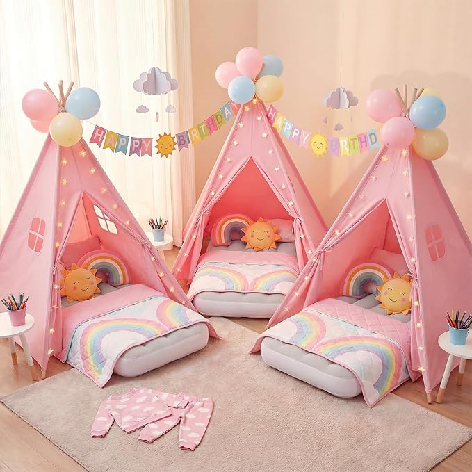 Wilwolfer 6 Pack Sleepover Tents for Kids Party, Tipi Foldable Play Tent with Inflatable Airbeds, Indoor Slumber Party Tent for Girls, Pink