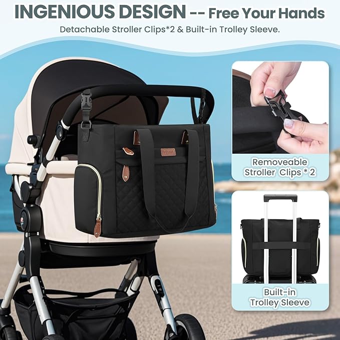 Pritent Diaper Bag Tote for Working Mom, Large Travel Diaper Tote for Mom and Dad with 14 Inch Laptop Sleeve, Mommy Maternity Travel Baby Bag for Boys and Girls, Black