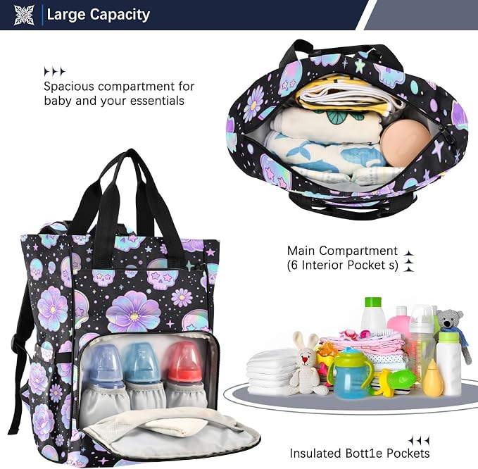Holographic Pastel Sugar Skulls Diaper Bag Stroller Straps Large Cap