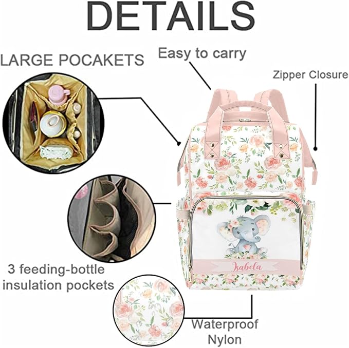 Custom Name Diaper Bag Customized Floral Elephant Mommy Nappy Bags with Multi Pocket & Large Capacity Personalized Nappy Changing Bag Nursing Mommy Daypack with Multi Pockets for New Mom