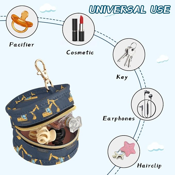 Baby Pacifier Case with Clip, Excavators Portable Pacifier Holder, TPU Lined Dust-Proof Storage Pouch for Diaper Bag and Stroller