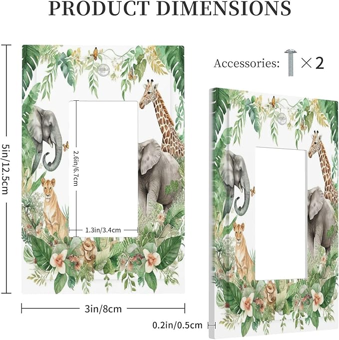Tropical Leves Safari Animals Giraffe Elephant Zoo Decorative Outlet Covers 1 Gang Single Rocker Light Switch Cover Plate Wall Plates GFCI Faceplate for Kids Room Nursery Decor