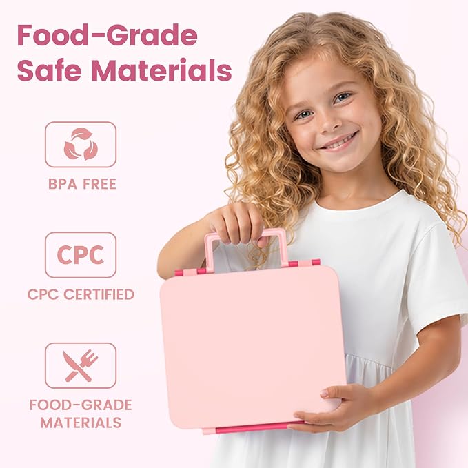 LOHASOK Bento Lunch Box Kids with 8oz Soup Thermo, Leak-Proof Lunch Containers with 4 Compartment, Thermo Hot Food Jar and Insulated Lunch Box for School Pink