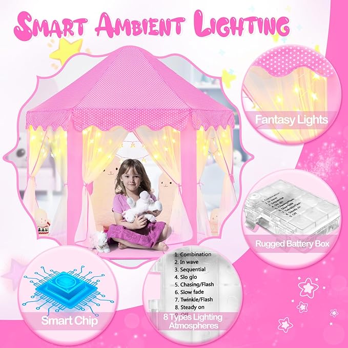 Princess Tent with Lights and Rug, Playhouse for Girls Age 4-7, Kids Play Tent for Girls Indoor, Castle Playhouse for Toddlers, Pink Princess Toy 55x53 inch