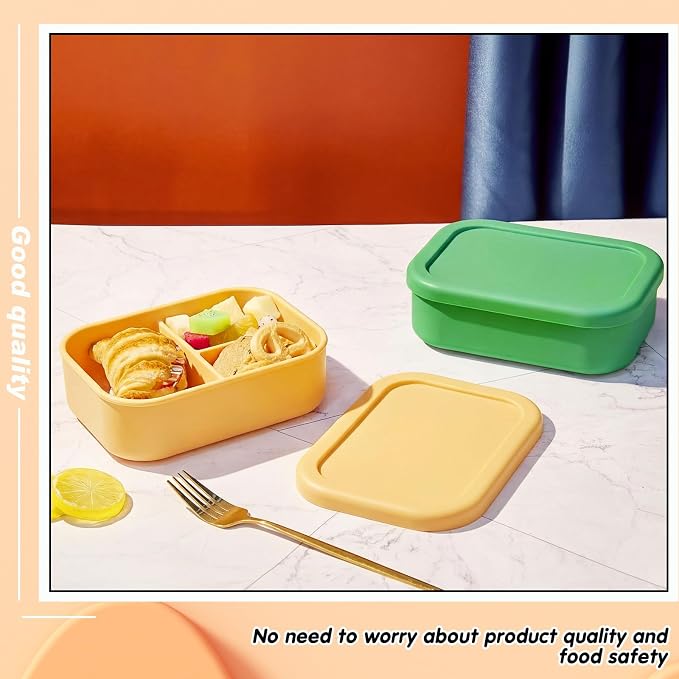 Layhit 2 Pcs Silicone Bento Box for Adults, 27 oz Bento Lunch Container Reusable Food Container for Women Men, Leak Proof Microwave Dishwasher Freezer Safe (3 Compartments,Green,Yellow)