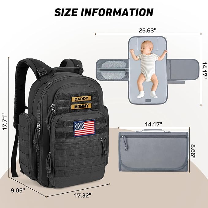 SHARKMOUTH Dad Diaper Bag Military - Large Baby Diaper Backpack with Changing Pad for Travel Camping Trips Park - Newborn Baby Shower Gifts Black