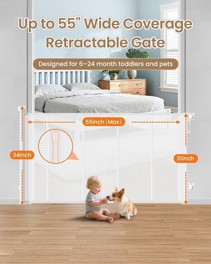 55" Retractable Baby Gates, 34" Tall Mesh Baby Gate with 4 Reinforced Rods, Prevents Kids & Dogs from Crawling Under, Retractable Dog Gate for Doorways, Hallways, Indoor/Outdoor, White