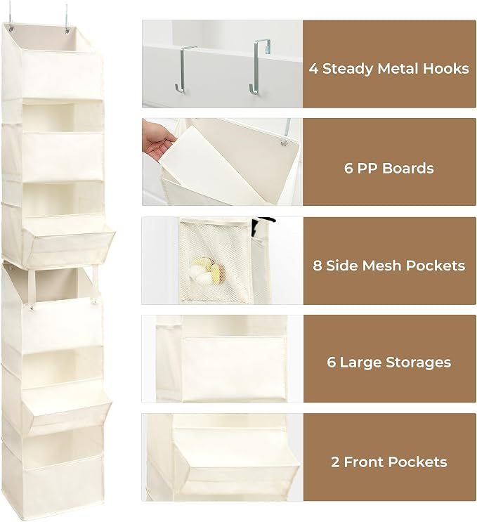 GRANNY SAYS Over The Door Organizer, 6-Shelf Detachable Behind the Door Storage with 8 Pockets, Waterproof Anti Tilt 40lb Large Capacity Hanging Organizer for Nursery, Kids Room, Bedroom, Beige