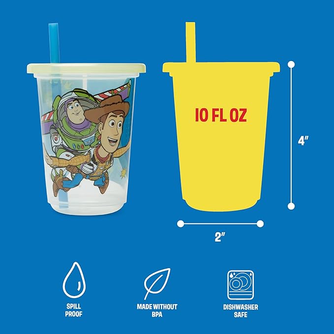 The First Years Take & Toss Toy Story Toddler Straw Cups - Spill Proof Toddler Sippy Cups with Snap-On Lids and Straws - Reusable Toddler Cups for Travel, Daycare, and Everyday Use - 10 Oz - 10 Count