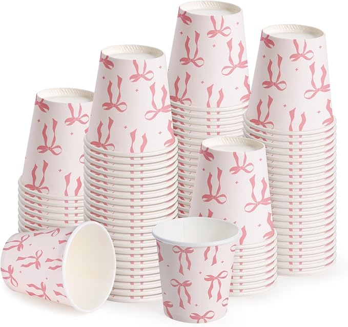 WRAPAHOLIC 3oz Paper Cups - 100 Pack Disposable Bathroom Cups with Pink Bow Design, Small Mouthwash Cup for Toothbrush Rinse, Home Bathroom, Picnic, BBQ, Travel and Party