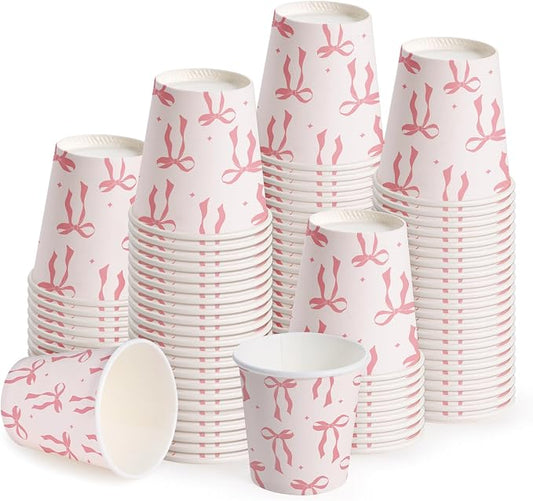 WRAPAHOLIC 3oz Paper Cups - 100 Pack Disposable Bathroom Cups with Pink Bow Design, Small Mouthwash Cup for Toothbrush Rinse, Home Bathroom, Picnic, BBQ, Travel and Party