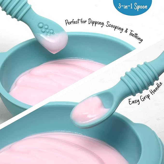 PrimaStella Unbreakable Silicone Non-Slip Baby & Toddler Plate and Spoon Feeding Set - Pacific Blue