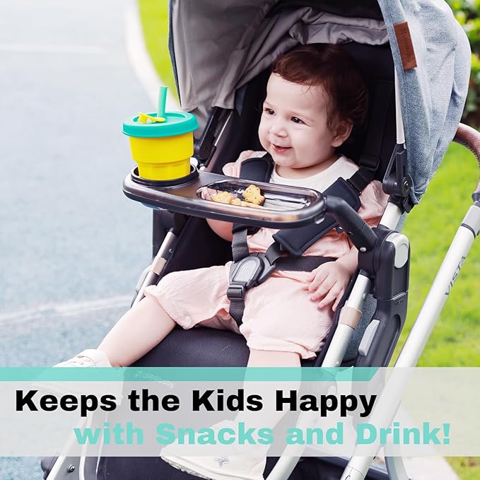 Snack Tray Fits for UPPAbaby Vista/Vista V2/Vista V3/Cruz/Cruz V2/ RumbleSeat/RumbleSeat V2, Stroller Tray with Cup Holder & Recessed Bowl, Dishwasher Safe, Quick Attachment, Folds with Stroller, Grey
