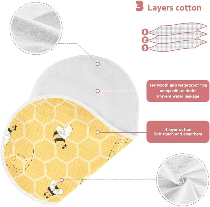 Cute Bee On Honey Yellow Honeycomb Muslin Burp Cloths for Baby 4 Pack 100% Cotton Baby Washcloths Bibs for Boy Girl