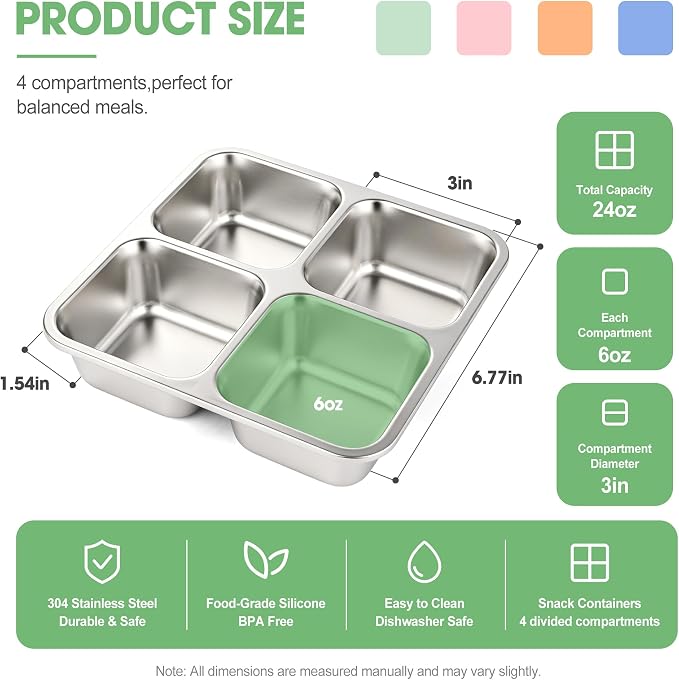 4 Pack Stainless Steel Snack Containers with Silicone Lids, Leakproof Bento Snack Boxes, Reusable 4 Compartment Metal Lunch Containers, Dishwasher Safe Food Storage for Meal Prep, Work & Travel