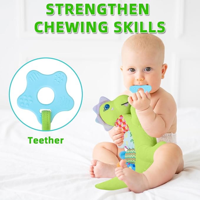 Baby Dino Musical Stuffed Animal Toys for 0-3-6-9-12 Months，Infant Dinosaur Tummy Time Toys with Crinkle Sound Paper,Teether，Textures & Rattles for Newborn Boys Girls Birthday Gifts，Green