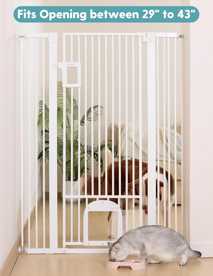 No Pawblems 55" Extra Tall Pet Gate with Adjustable Cat Door, 29-43" Auto Close Tall Dog Gate, NO Drilling Pressure Mounted for Doorways/Hallways, 1.37" Narrow Bar Spacing, White