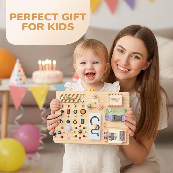 Sanlebi Wooden Busy Board Montessori Toys for Toddlers with Buttom Switch, Music Box & Locks, Sensory Activity Board Learning Toy Gifts