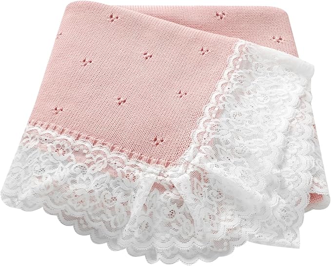 Hadetoto Cotton Lace Knit Baby Blankets, Super Soft Lightweight Crib Blanket for Infant Boys Girls, Nursery Bedding (Pink)