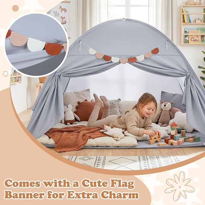 Costzon Toddler Bed Tent, Twin Size Indoor Canopy Tent for Kids w/ 2 Windows, Flag Banner, Brushed Fabric Privacy Playhouse, Portable Play Tent for Bunk Bed, Playroom, Suits 3+ Boys & Girls (Grey)