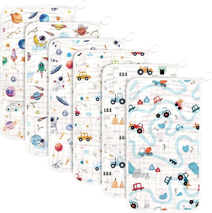 decalsweet Baby Burp Cloths Muslin Washcloths 6 Pack Muslin Burp Cloths 100% Cotton Large 20''x12'' Soft 6 Layers Baby Burp Rags for Boys Girls Baby Essentials for Newborn Gift Machine Washable