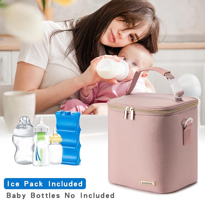 Breast Milk Cooler Bag with Ice Pack Fits 6 Baby Bottles Up to 9 Ounce, Baby Bottle Bag with Shoulder Strap for Nursing Mom Daycare, Pink
