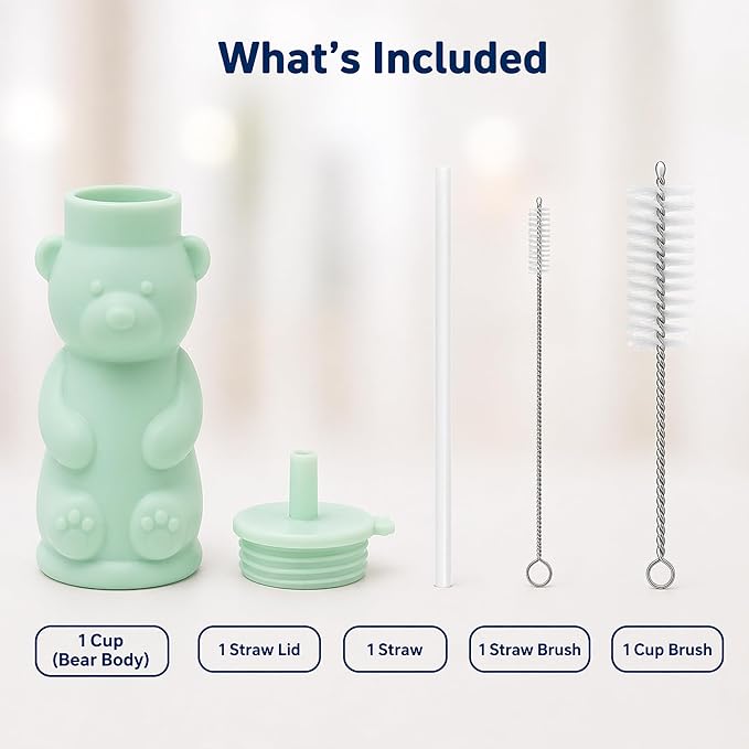 Silipint Honey Bear Straw Cup for Baby & Toddler – Soft Silicone Squeeze Training Straw Cup, Leak-Resistant Baby Sippy Cup for Bottle Transition, BPA Free, Dishwasher Safe, 8 oz Green
