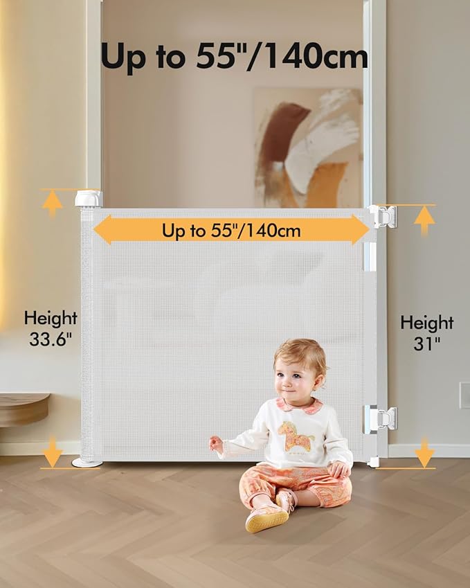 (2 Pack) Retractable Baby Gate for Stairs & Doorways,55" Wide x 33.6" Tall Easy Installation Mesh Dog Gate for Indoor & Outdoor Use,Pet and Dog Safety Gate for Hallways(White)