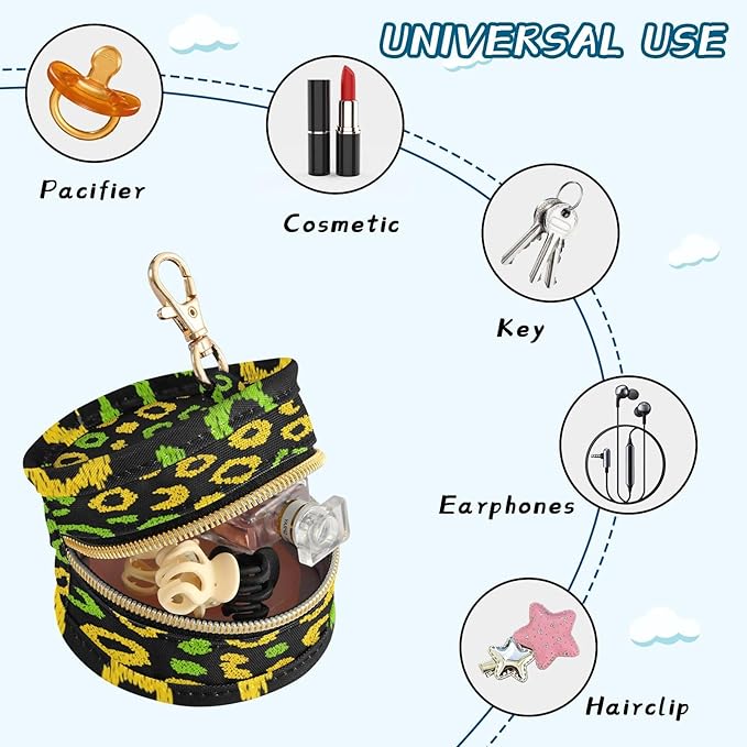 Pacifier Holder with Clip Pacifier Case for Diaper Bag Round Baby Pacifier Pouch Box Bag Portable Jamaican Leopard Print Yellow