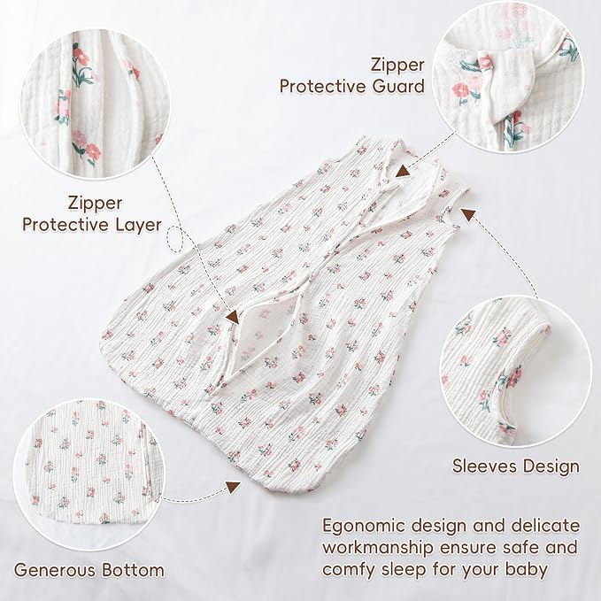david's kids Muslin Cotton Baby Sleep Sack 18-24 Months, 2 Pack 100% Cotton Sleep Sack for Summer, TOG 0.5 Baby Wearable Blankets with 2-Way Zipper, Soft Sleep Sacks for Newborn, Rabbit & Floral
