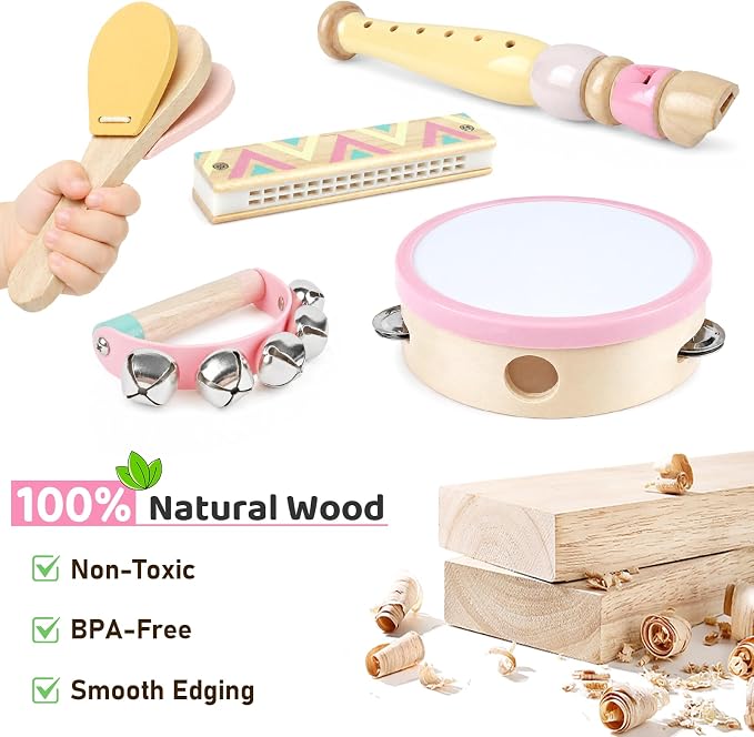 Pink Kids Guitar Set - 8 in 1 Toddler Musical Instruments,Montessori Wooden Ukulele Xylophone Tambourine Maracas Flute,Toy Guitar for Toddler Girl Ages 1-3, 2 3 4 Year Old Girl Birthday Gift