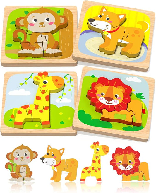 Benresive Wooden Toddler Puzzles, 4pcs Animal Montessori Toys for 1-3 Year Old Boys & Girls, Learning Educational Preschool Toys, Great Gifts for 1 2 3 Year Olds