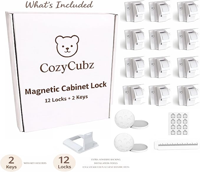Magnetic Cabinet Locks Baby Proofing by CozyCubz – 12 Pack + 2 Keys, No Drill, Hidden Child Safety Latches for Cabinets & Drawers
